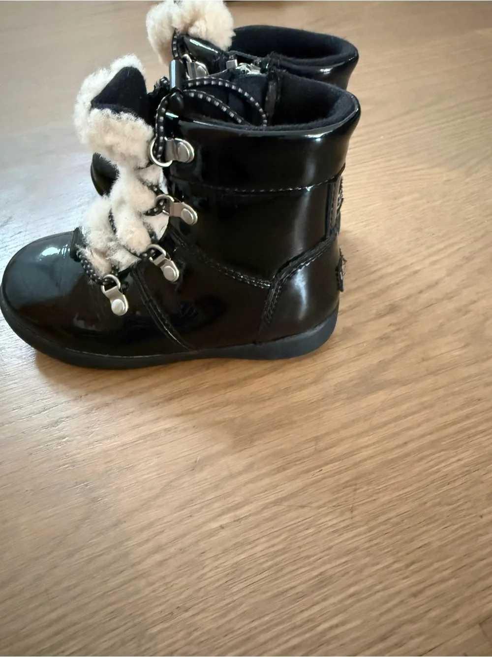 UGG Kids Black Patent Ankle Boots with Shearling Trim